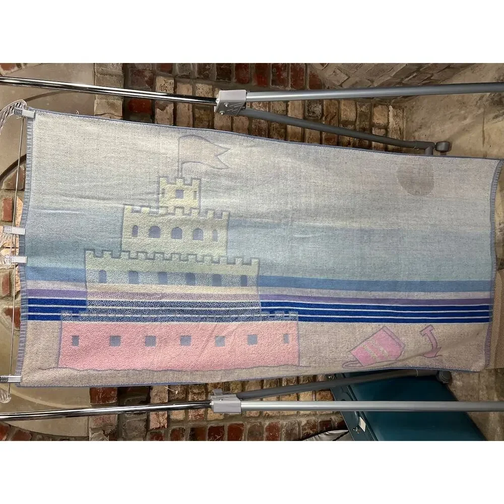 beach towel sandcastle pink blue orange 1980s